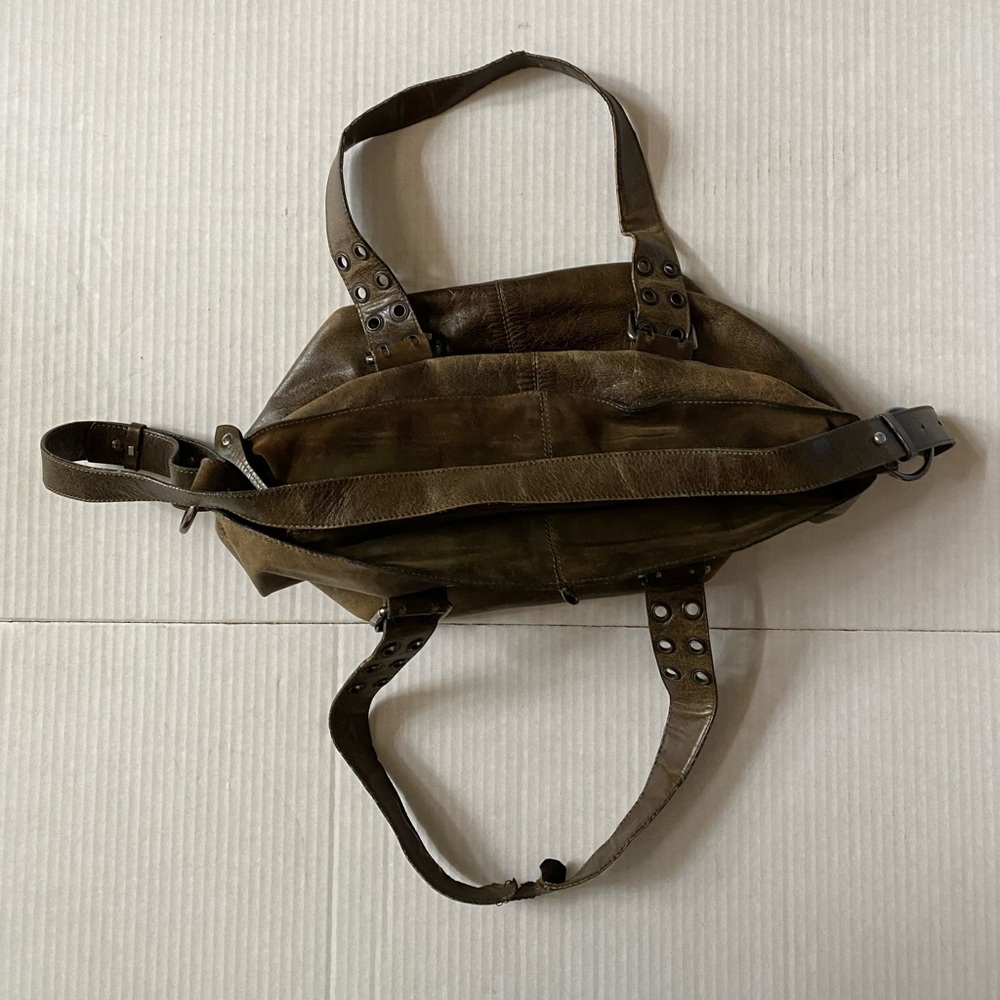 Francesco Biasia Large Distressed Leather Satchel Crossbody Olive Green - Picture 3 of 9